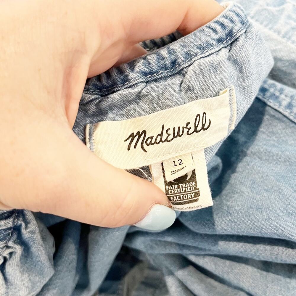 Madewell Denim Short Puff Sleeve Button Up Margie Mini Dress Bevy Wash Blue 12 - Picture 3 of 7